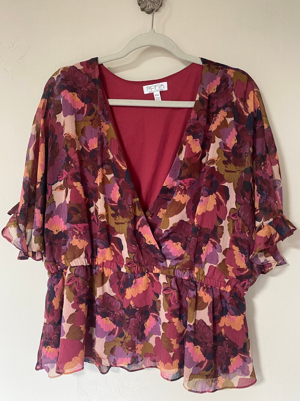 Sofia Jeans Floral V-Neck Peplum Flowy Sheer Sleeves Blouse XXL
